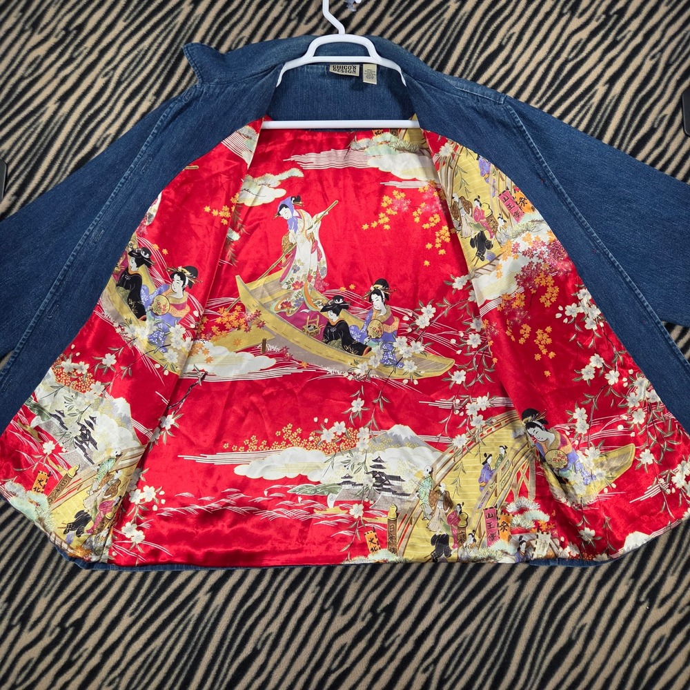 Vintage 90s Chicos Design Denim Geisha Print Lined Chore Jacket Blue Large 2